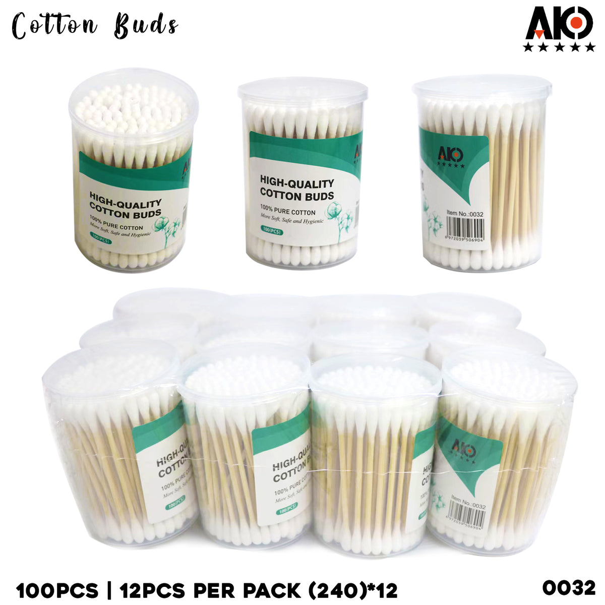AKO 100Pcs/Pack Cotton Swabs Bamboo Stick White